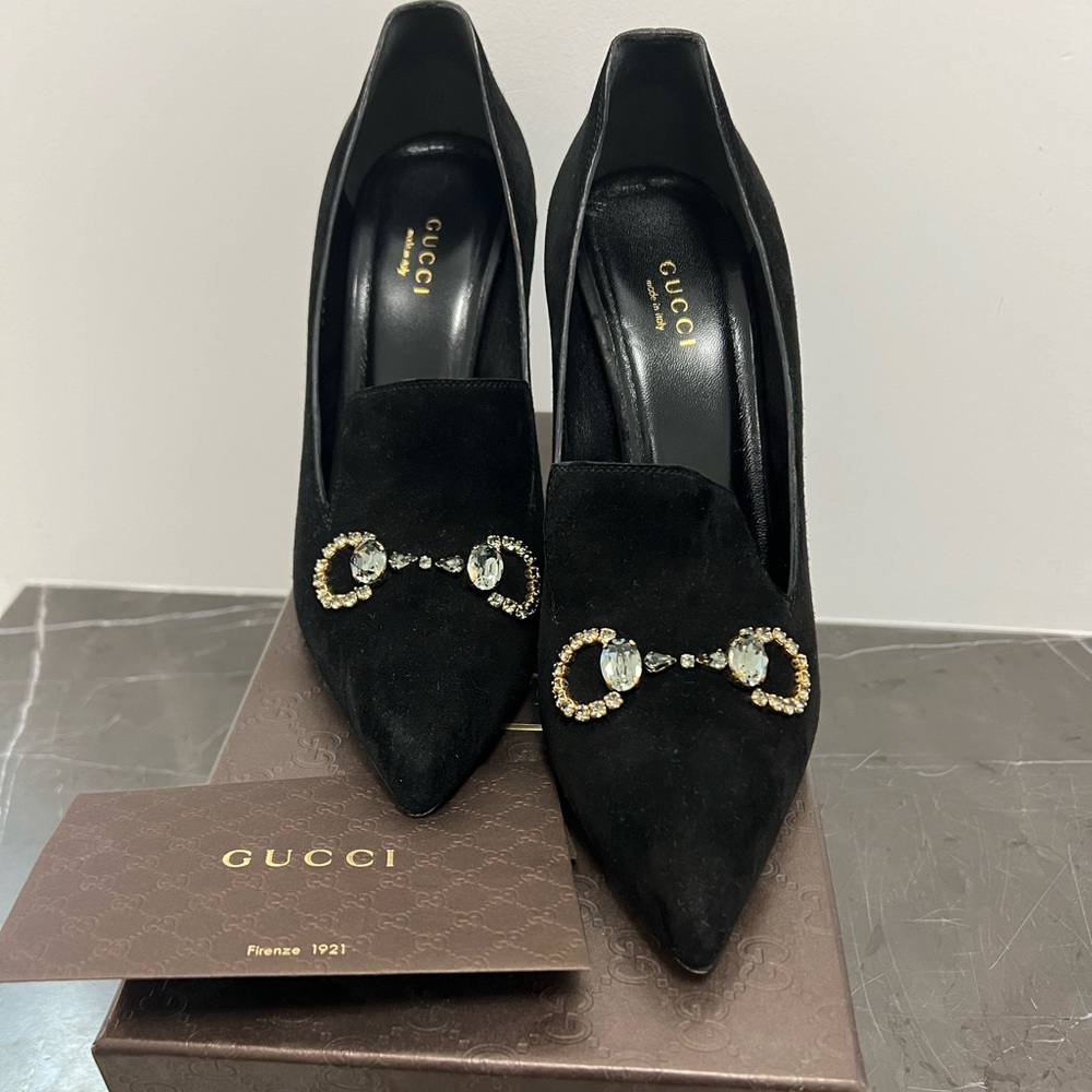 Gucci Horsebit Accent Black Suede Pumps,  Size 38